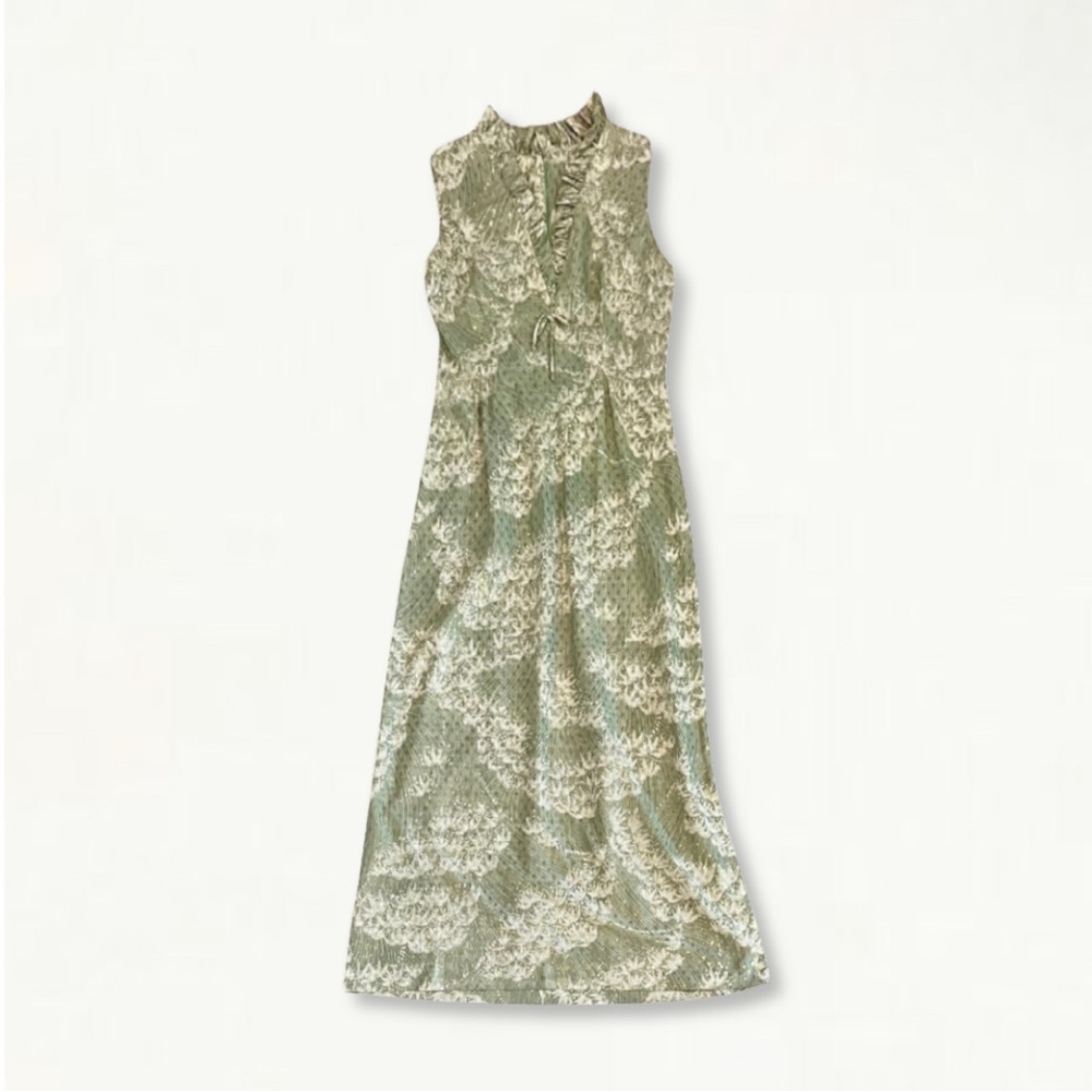 Vintage 1960s Mary Martin Florida Green Sleeveless Long Dress with Gold Detail - Picture 10 of 13